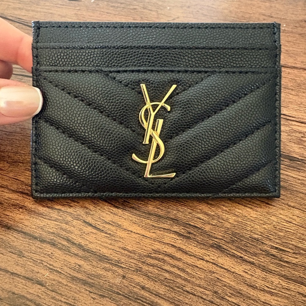 Yves Saint Laurent Black Quilted Card Case with Gold YSL Emblem
